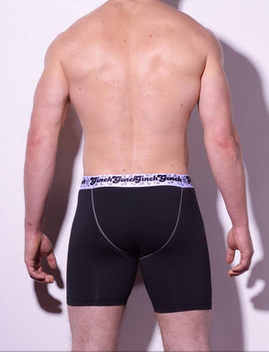 Ginch Gonch Black Magic Boxer Brief Black men's underwear with black panels and white trim binding printed waistband back