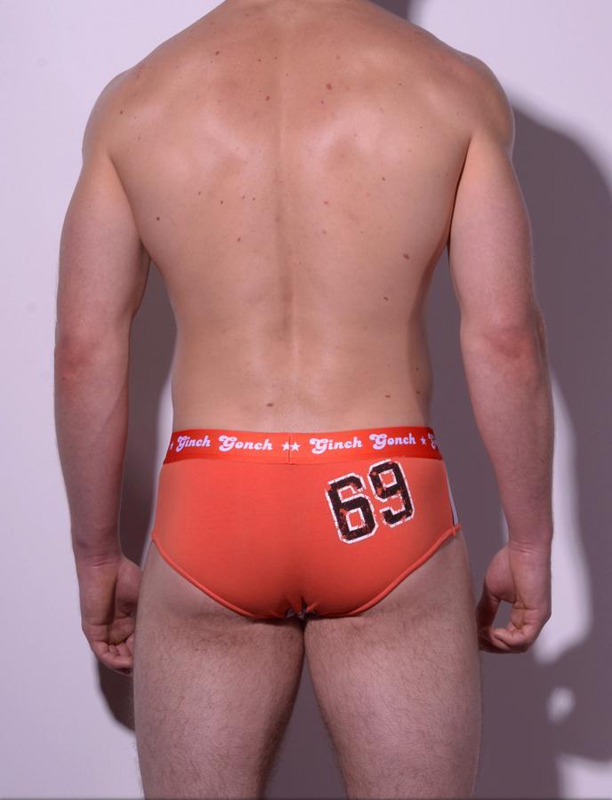 GG Ginch Gonch Score trunk y front low cut brief - men's underwear orange fabric with 69 detailing, with orange printed waistband front 