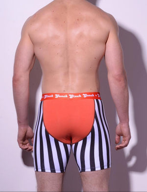 GG Ginch Gonch Score trunk y front boxer brief - men's underwear black and white vertical striped fabric with football, basketball, and soccer ball detailing, with orange printed waistband back 