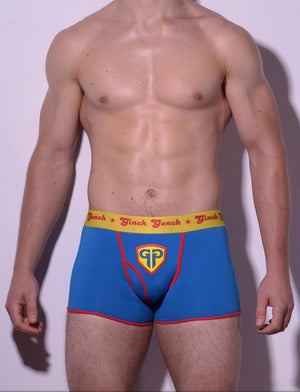 Ginch Gonch GG Ginchcredible super hero men's underwear boxer brief trunk y front blue fabric with GG logo, red trim, and yellow printed waistband front