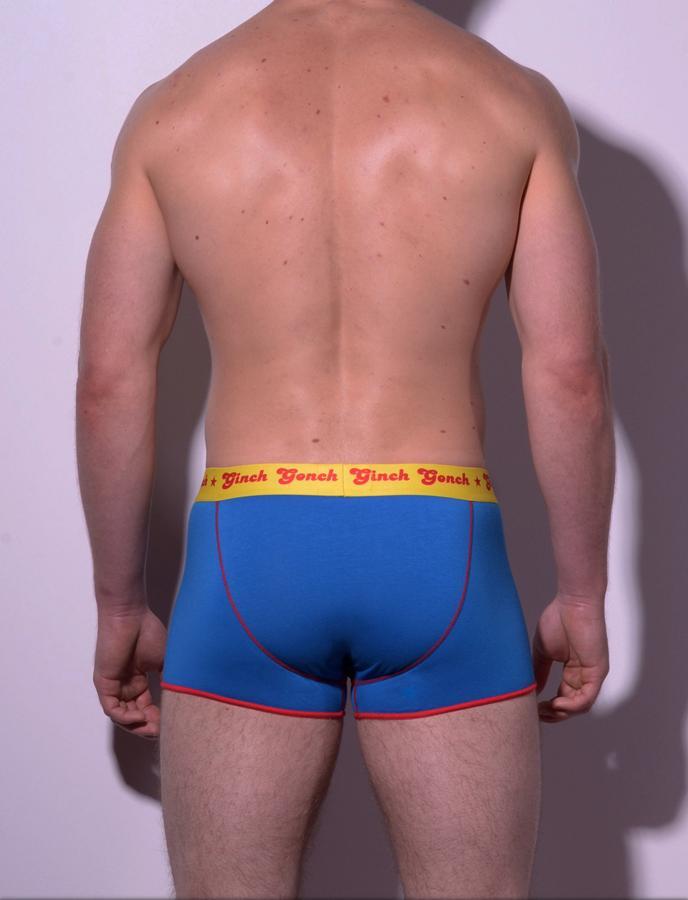 Ginch Gonch GG Ginchcredible super hero men's underwear boxer brief trunk y front blue fabric with GG logo, red trim, and yellow printed waistband back