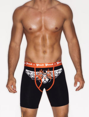 Ginch Gonch Rock Me men's boxer Brief Underwear black with orange trim binding waistband front rock and roll Orange