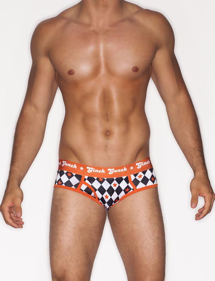 Ginch Gonch Backstage Pass Low Rise Brief - Men's Underwear black and white squares checkered orange waistband trim binding front 