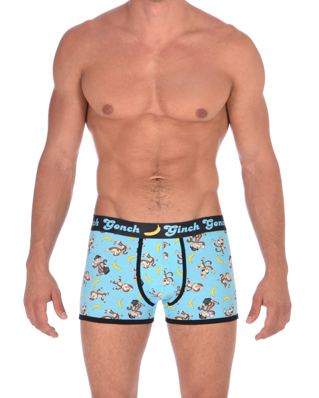 Ginch Gonch Monkey Business Men's Underwear Boxer Brief, Trunk, with blue background, monkeys, and bananas. Black trim and printed waistband with Ginch Gonch and bananas. Front