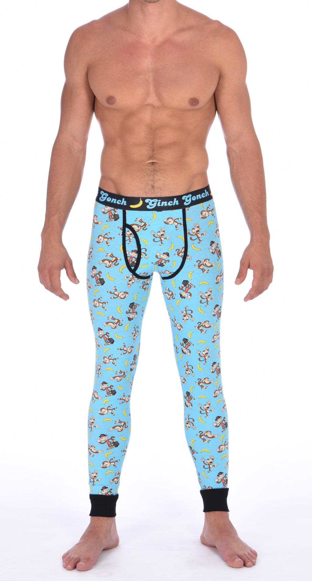 Ginch Gonch Monkey Business Men's Leggings Long Johns Underwear with blue background, monkeys, and bananas. Black trim and printed waistband with Ginch Gonch and bananas. Front.