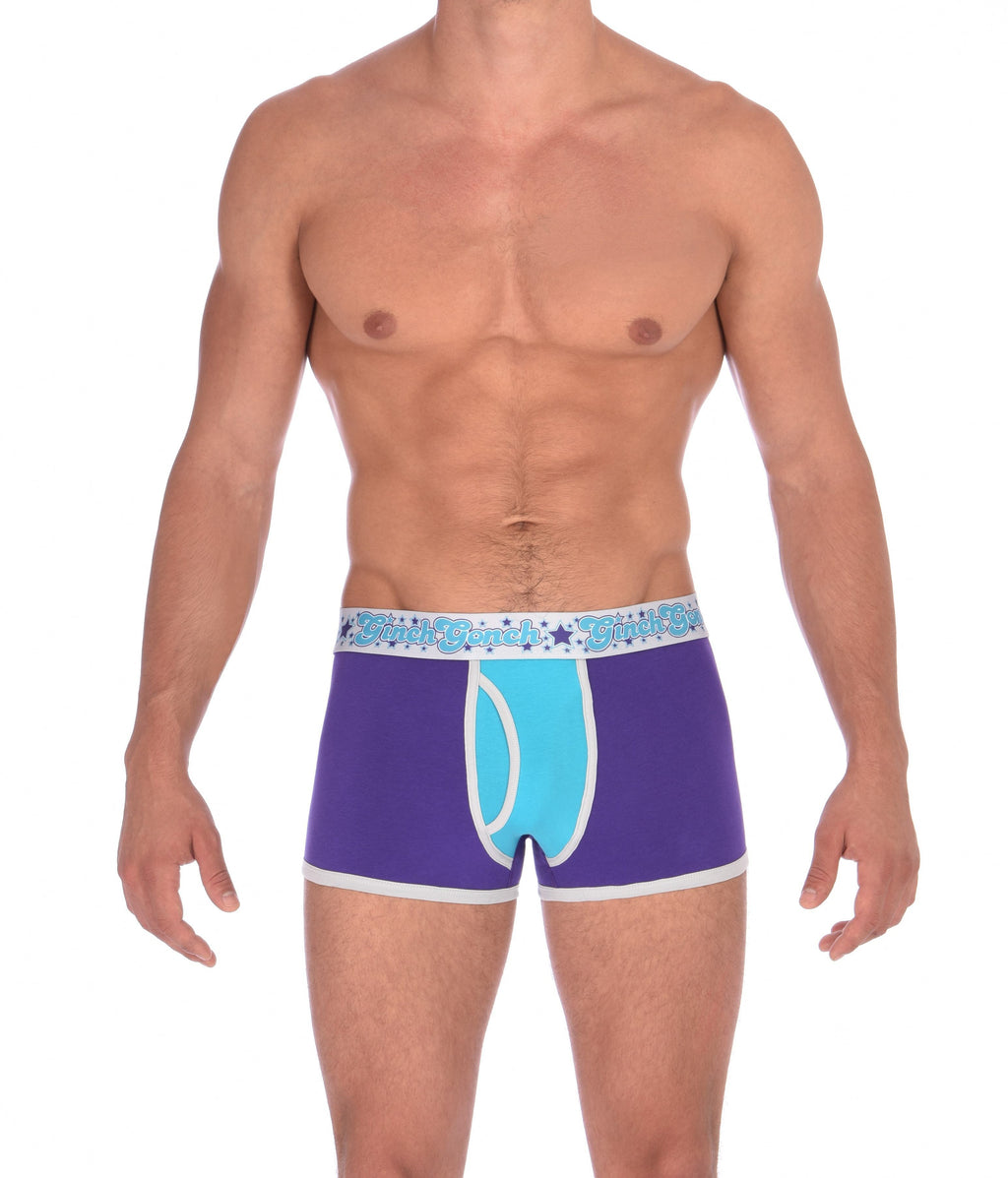 GG Ginch Gonch Purple Haze Trunk Boxer Brief y front - Men's Underwear purple and aqua panels with grey trim and silver printed waistband front 