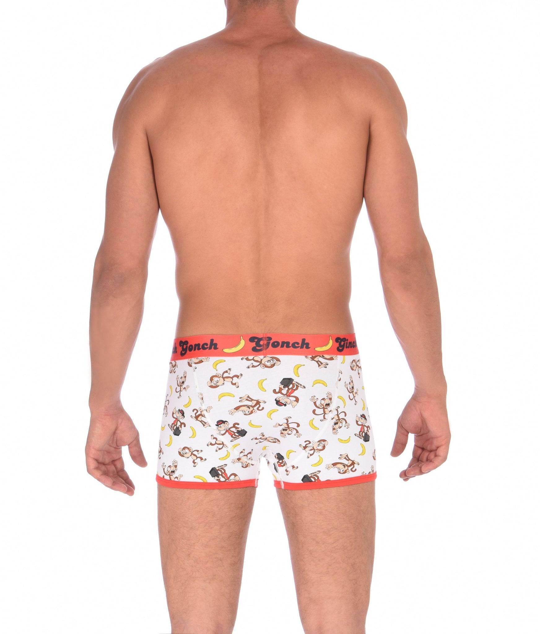 GG Ginch Gonch Gone Bananas Boxer Brief men's underwear trunk white fabric with monkeys and bananas red trim and red printed waistband back