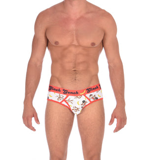 GG Ginch Gonch Gone Bananas low rise Brief men's underwear y front white fabric with monkeys and bananas red trim and red printed waistband front