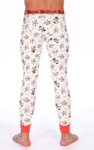 GG Ginch Gonch Gone Bananas leggings long johns men's long underwear white fabric with monkeys and bananas red trim and red printed waistband back