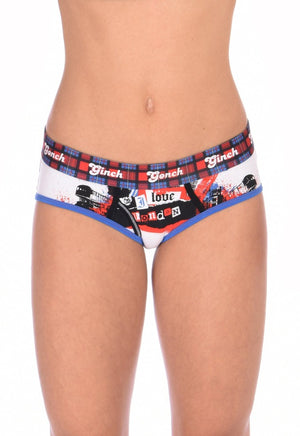 Ginch Gonch Women's Brief London Calling blue and red underwear white background plaid waistband black and blue trim binding big ben london eye