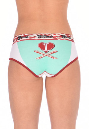 I Love Bacon Brief Ginch Gonch Women's underwear boy cut y front with white teal and red, and bacon detail and waistband back
