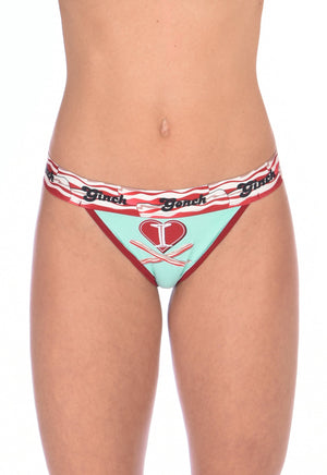 I Love Bacon Ginch Gonch Women's underwear thong with white teal and red, and bacon detail and waistband front