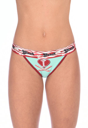 I Love Bacon Ginch Gonch Women's underwear thong with white teal and red, and bacon detail and waistband front