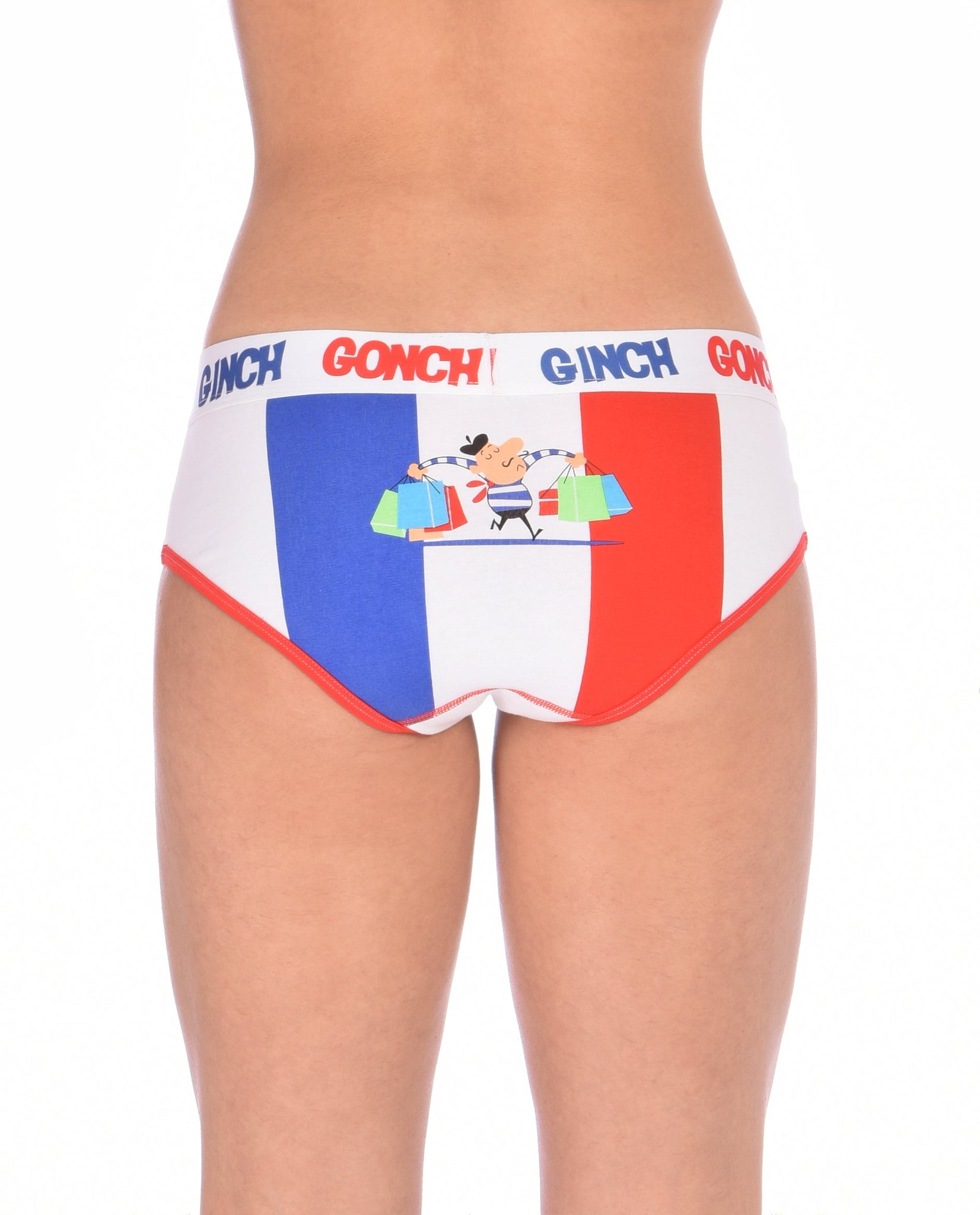 GG Ginch Gonch I Love Paris boy cut Brief - y front women's Underwear white fabric with scene of french flag and french person red and white trim and white printed waistband front