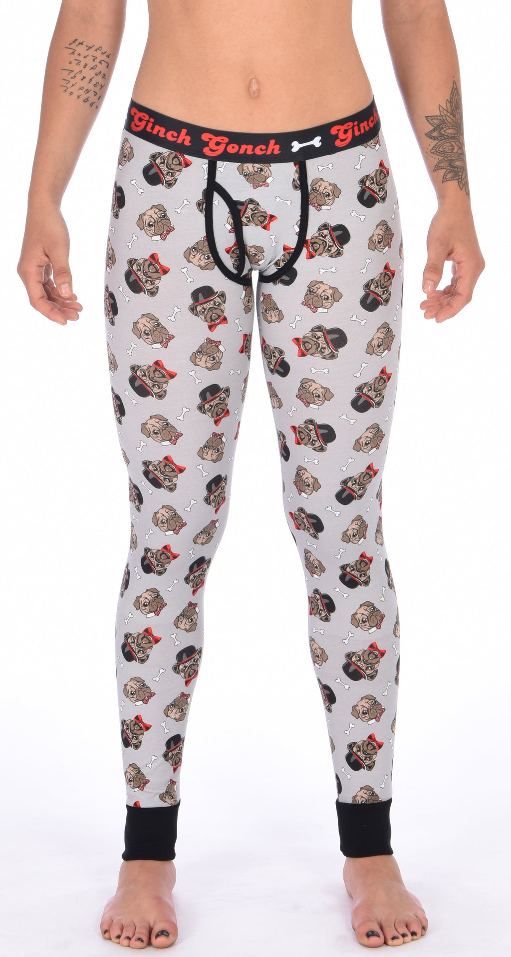 GG Ginch Gonch Pug Life leggings long johns - women's Underwear grey background with pugs with top hats and bow ties and bones. Black trim and y front with black printed waistband front. 