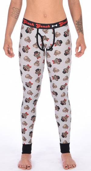 GG Ginch Gonch Pug Life leggings long johns - women's Underwear grey background with pugs with top hats and bow ties and bones. Black trim and y front with black printed waistband front. 