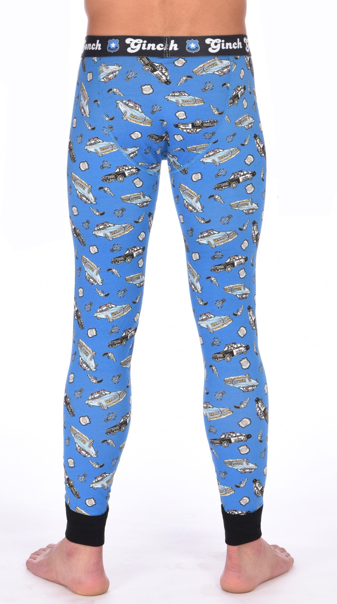 Ginch Gonch GG Patrol long john legging men's long underwear y front blue fabric with cop cars, badges, hand cuffs, and guns. Black trim and black printed waistband back