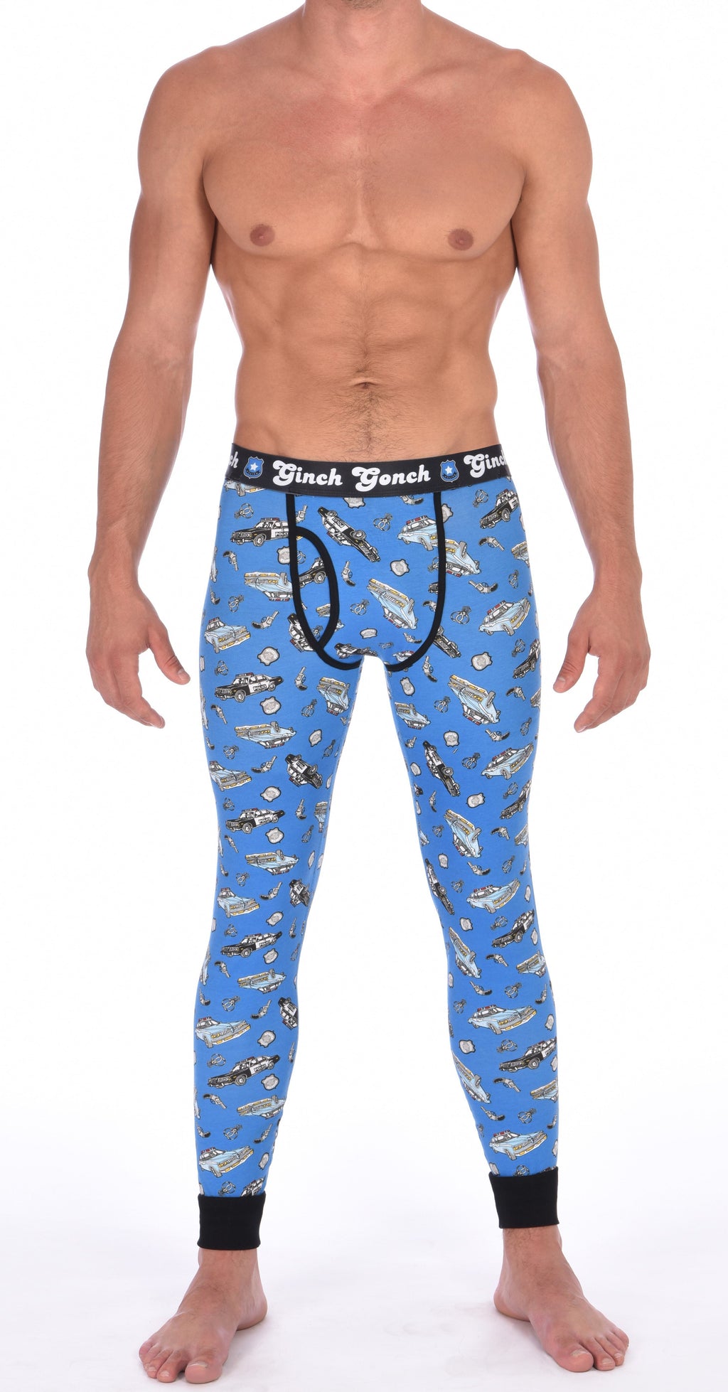 Ginch Gonch GG Patrol long john legging men's long underwear y front blue fabric with cop cars, badges, hand cuffs, and guns. Black trim and black printed waistband front. 
