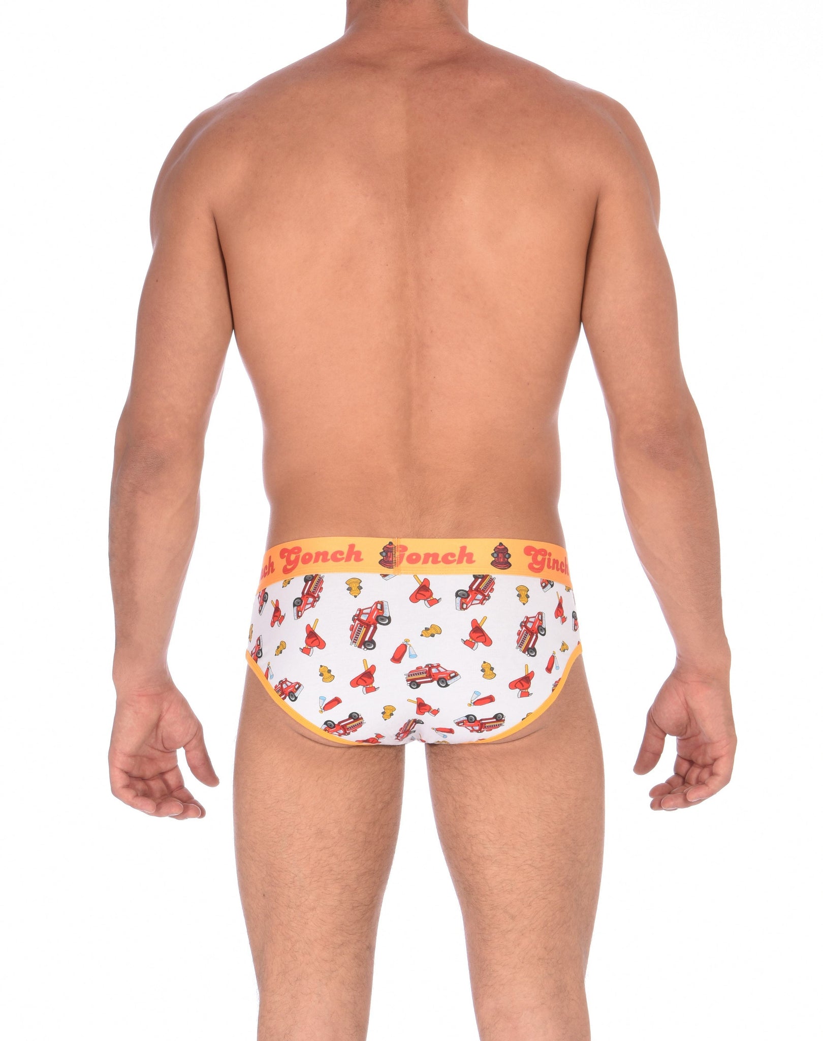 Ginch Gonch GG Fire Fighters Low Rise Brief mens y front underwear white fabric with fire engines hats and hydrants, yellow trim and yellow printed waistband back