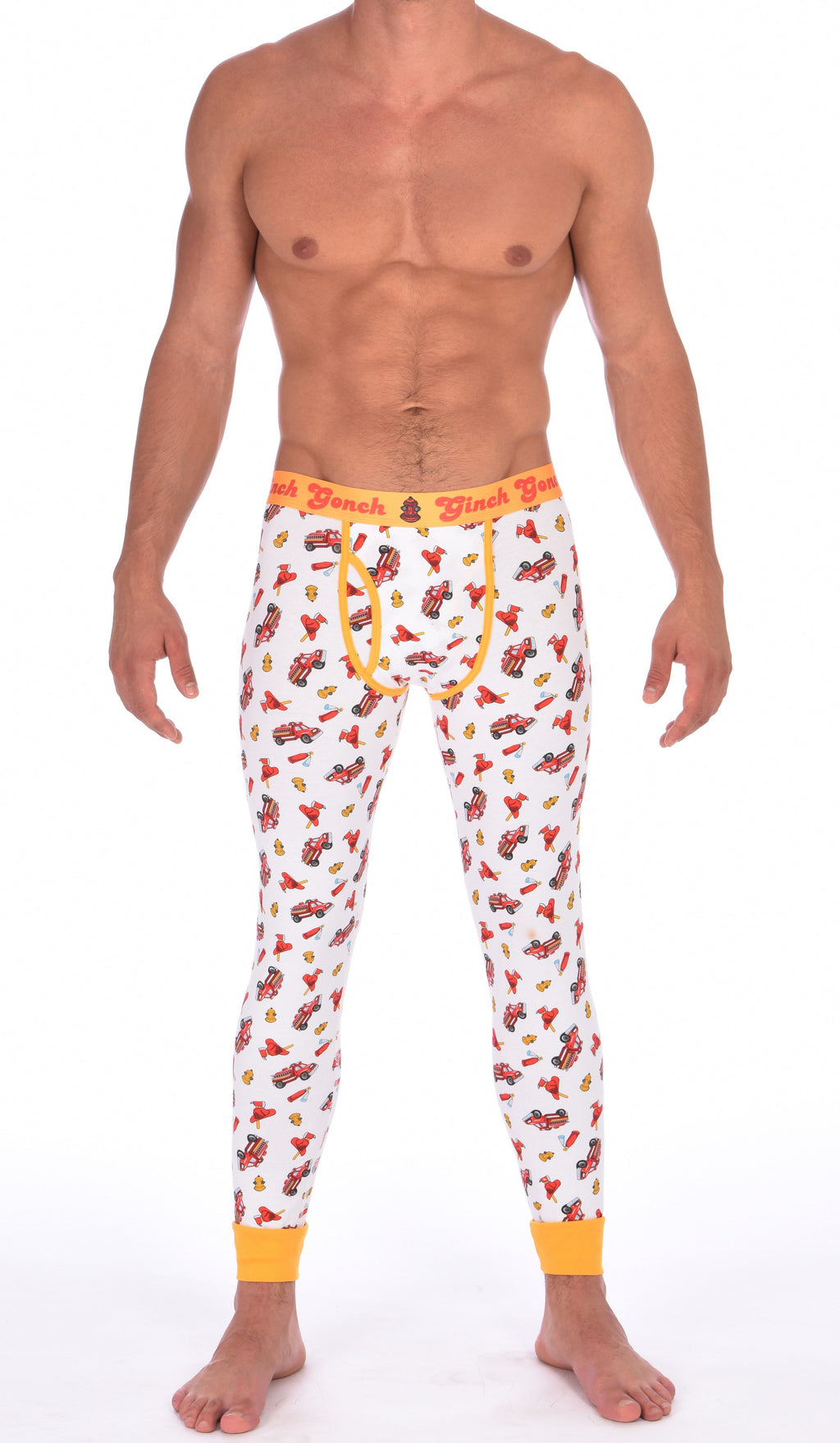 Ginch Gonch GG Fire Fighters long johns leggings mens underwear white fabric with fire engines hats and hydrants, yellow trim and yellow printed waistband front 