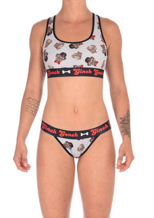 GG Ginch Gonch Pug Life thong - women's Underwear grey background with pugs with top hats and bow ties and bones. Black trim with black printed waistband front. Shown with matching sports bra