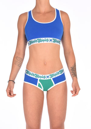 Ginch Gonch Blue Lagoon women's boy cut briefs  y front blue and green panels with white trim and printed waistband shown with matching blue lagoon sports bra