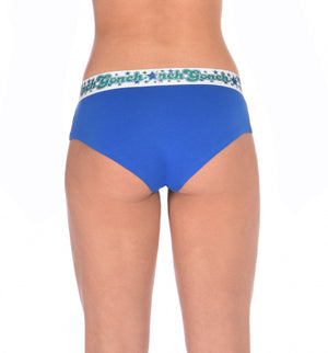 Ginch Gonch Blue Lagoon women's boy cut gogo briefs  y front blue fabric with white trim and printed waistband back