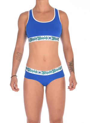 Ginch Gonch Blue Lagoon women's boy cut gogo briefs  y front blue fabric with white trim and printed waistband shown with matching blue lagoon sports bra