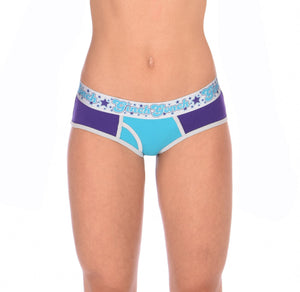GG Ginch Gonch Purple Haze Low Rise boy cut Brief y front - Women's Underwear purple and aqua panels with grey trim and silver printed waistband front 
