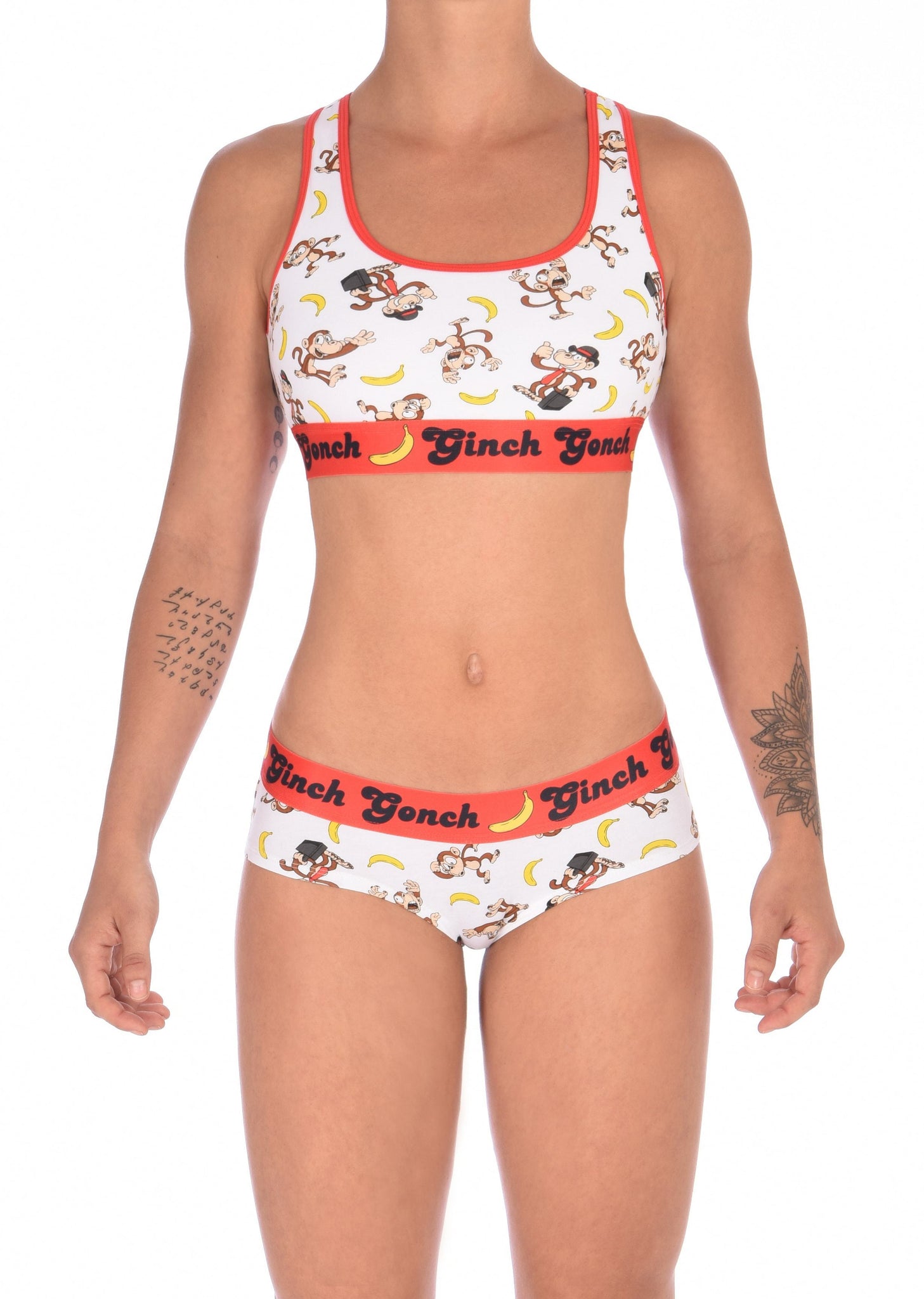 GG Ginch Gonch Gone Bananas cheeky gogo boy cut Brief women's underwear white fabric with monkeys and bananas red trim and red printed waistband front shown with matching sports bra
