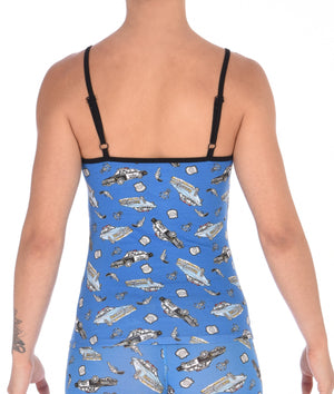 Ginch Gonch GG Patrol cami camisole spaghetti strap  women's underwear blue fabric with cop cars, badges, hand cuffs, and guns. Black trim back