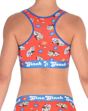 Ginch Gonch GG EMT sports bra women's ambulance print with medical symbol and equipment on red background with blue trim and printed band back