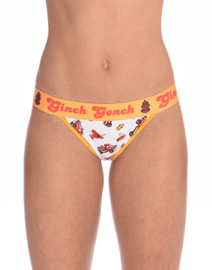 Ginch Gonch GG Fire Fighters thong women's underwear y front white fabric with fire engines hats and hydrants, yellow trim and printed yellow waistband front