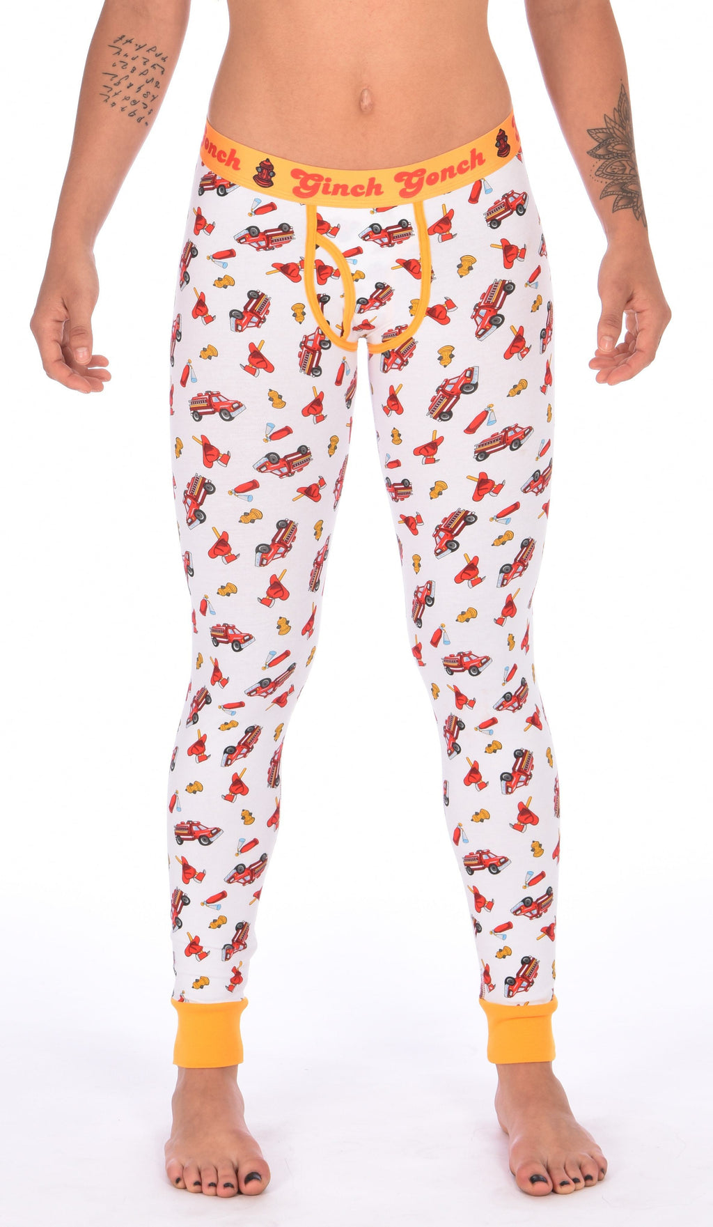 Ginch Gonch GG Fire Fighters long johns leggings women's underwear y front white fabric with fire engines hats and hydrants, yellow trim and yellow printed waistband front